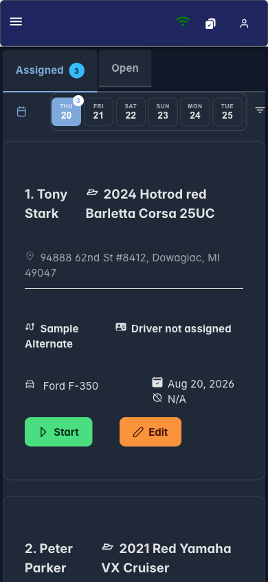 Boatload dashboard on a phone showing the day's jobs