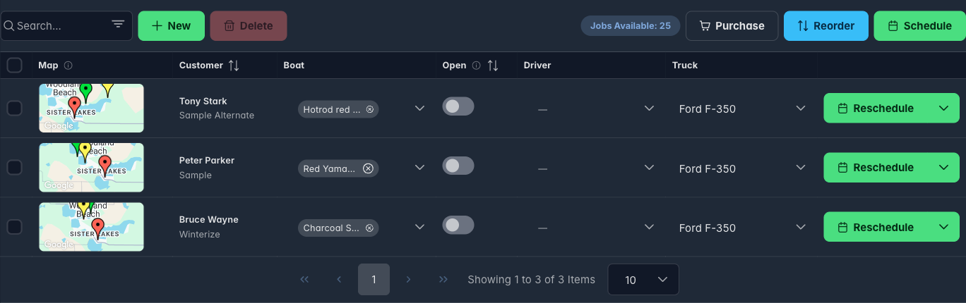 Boatload schedule showing the day's jobs with customer, boat, and truck